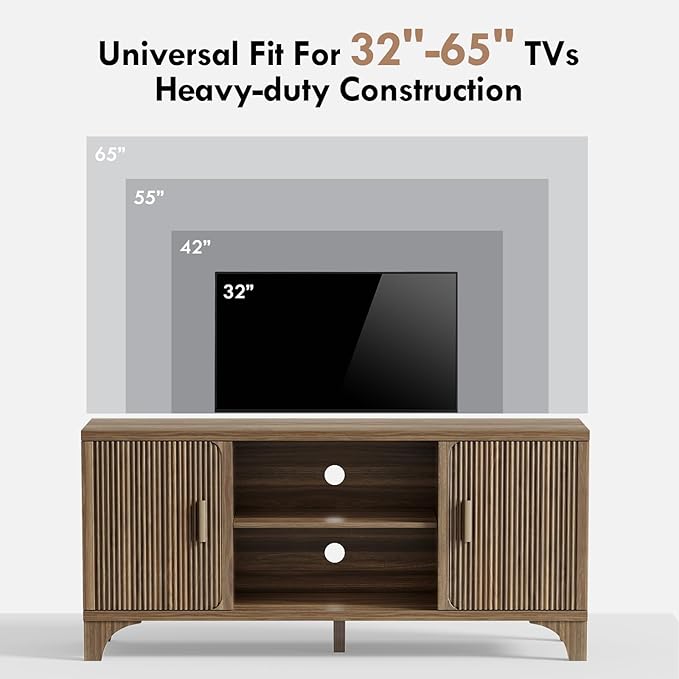 Tall Mid Century Modern TV Stands for 55/60/65 Inch TV Boho Media Console for Living Room Fluted TV Entertainment Center with Storage Wood Television Cabinet for Bedroom