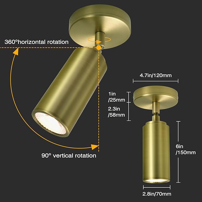 Brass Ceiling Spotlight, Hardwired LED Ceiling Spot Lights, Flush Mounted Directional Ceiling Light, Indoor Spotlight Fixtures, Adjustable Monopoint Spot Lights for Living Room Dining Room
