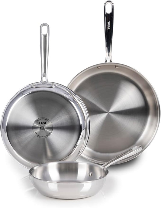 T-fal Pro Tri-Ply Stainless Steel Cookware, 3 Piece Frypan Set, 8 inch, 10 inch, and 12 inch, Silverr