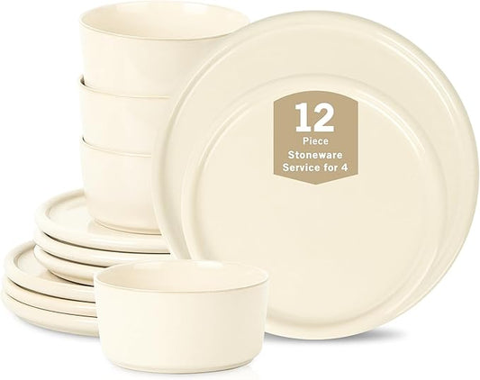Stone Lain Eden 12-Piece Dinnerware Set Stoneware, Plates and Bowls Set, Dishwasher and Microwave Safe Dish, Dish Set for 4, Beige