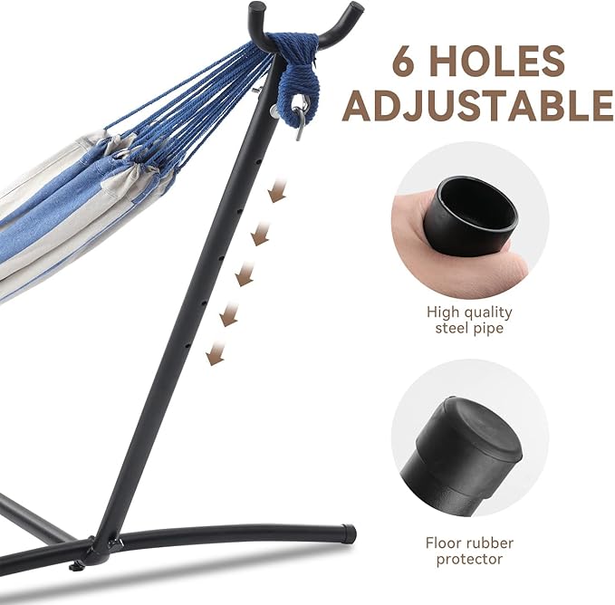 PNAEUT Double Hammocks with Stand for Outside, Portable Space Saving Heavy-Duty Steel Stand for Indoor Outdoor Patio with Carrying Bag, 450 lbs Capacity (Sky)