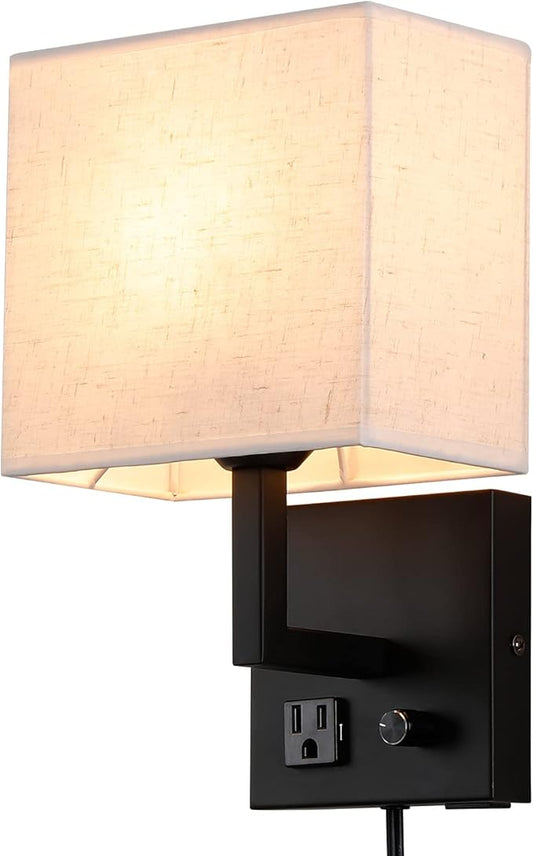 Plug in Wall Sconce, Bedside Wall lamp with Plug and dimmable Switch, with USB Charging Port and Socket, Suitable for Hotel, Corridor, Living Room and Bedroom Wall Light (Black)