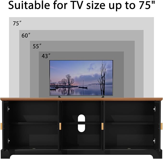 HLR 67” Modern TV Stand for TVs up to 75+ inch, Shaker Style Television Console Table, Entertainment Center with Storage Cabinets, Wood Media Furniture for Living Room, Bedroom, Black