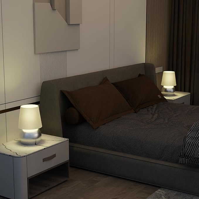 Set of 2 Small Silver Spherical Base Bedside Table Lamp with Textured Linen Shade (Bulb Included)