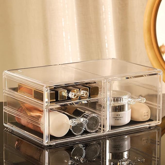 Cq acrylic 4 Pack Clear Make Up Organizers for Vanity,Stackable 7 Drawers Make Up Organizer,Cute Desk Organizer for Vanity Jewelry,Hair Clip,Beauty,Skincare Product Dresser Acrylic Drawer Organizer
