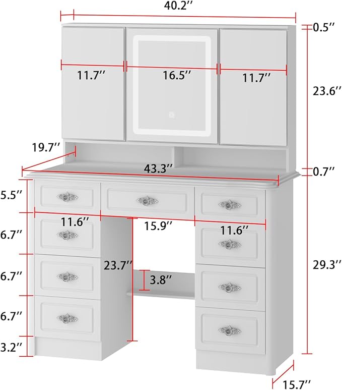 ECACAD Modern Makeup Vanity Desk with Lighted Mirror, Vanity Table Dressing Table with 9 Drawers, Hidden Shelves & Foldable Mirror, 3 Color Lighting Modes, Brightness Adjustable, White