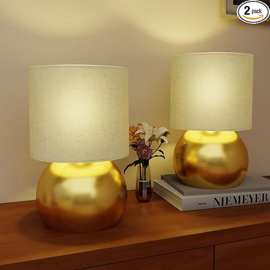 Set of 2 Small Gold Spherical Base Bedside Table Lamp with Textured Linen Shade (Bulb Included)