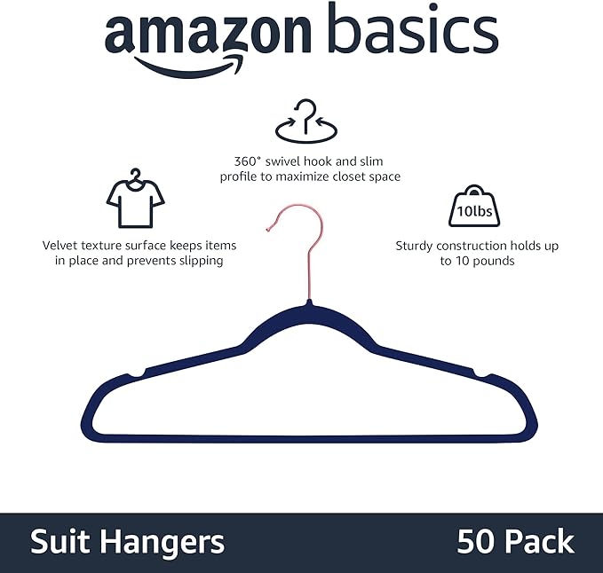 Amazon Basics Slim Velvet, Non-Slip Suit Clothes Hangers, Pack of 50, Navy Blue/Rose Gold