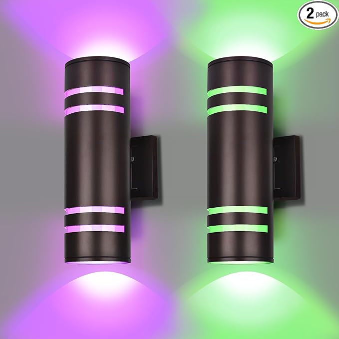 Smart Outdoor Wall Lights Color Changing 2 Pack, RGB+2700K-6500K Modern Exterior Lighting Fixtures Cylinder Outside Wall Sconce with Glass, WiFi APP Control Up Down Outdoor Porch Lights