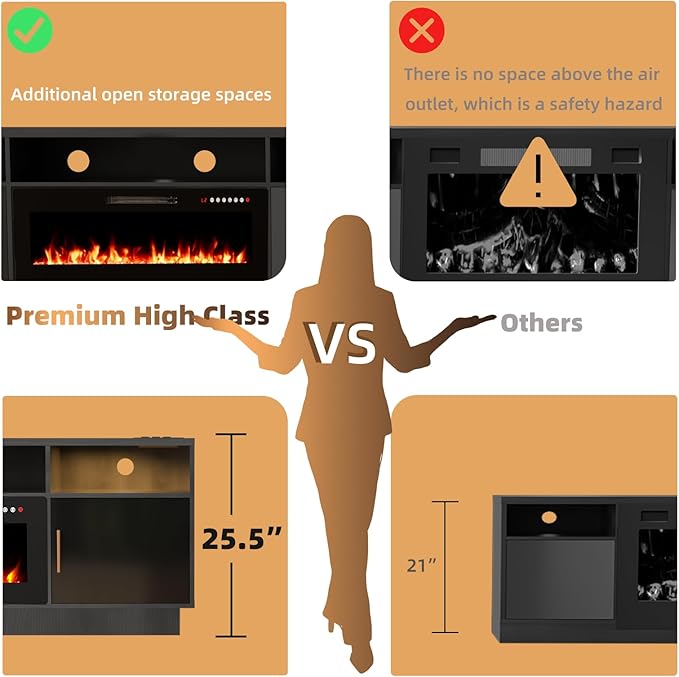 Ludatido 80 Inch Premium TV Stand with 36 inch Electric Fireplace 27 Inch high LED Light Entertainment Center Easy to Assemble for TVs Up to 90'' with USB&AC Power Interface White