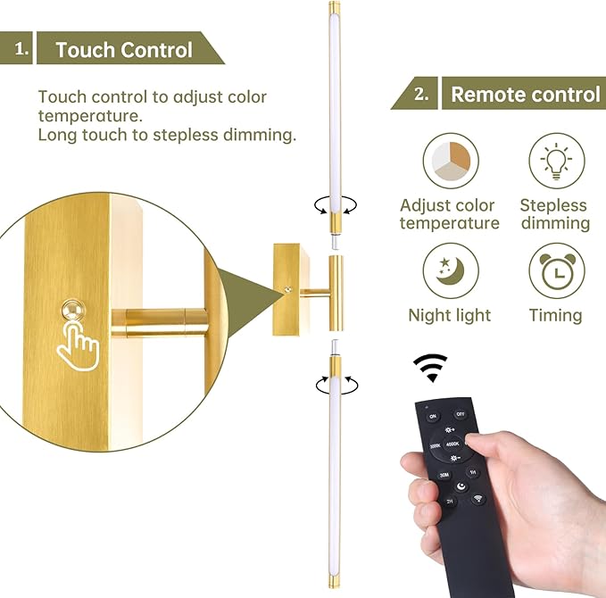 Battery Operated Wall Sconce Set of 2, 10400mAh Rechargeable Wall Sconces, 3000K-6000K Dimmable, 350°Rotate, Indoor Wall Lights for Bedroom Living Room Bathroom, Gold, 31.5 Inch