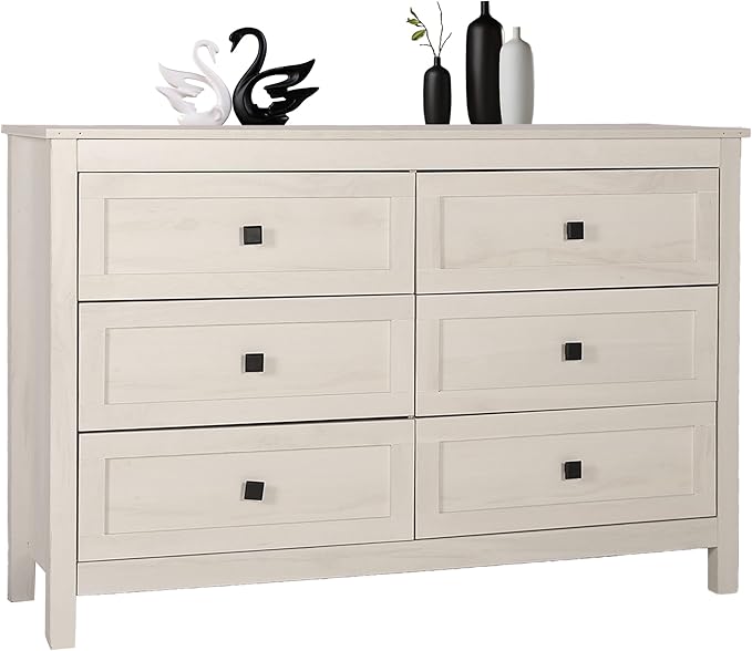 Farmhouse 6 Drawers Dresser, Wood Double Dresser Chest of Drawers Wide Storage Organizer Cabinet for Bedroom, Living Room, Rustic Beige