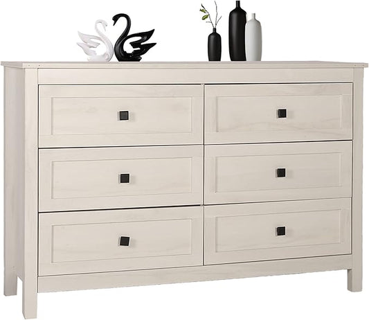 Farmhouse 6 Drawers Dresser, Wood Double Dresser Chest of Drawers Wide Storage Organizer Cabinet for Bedroom, Living Room, Rustic Beige