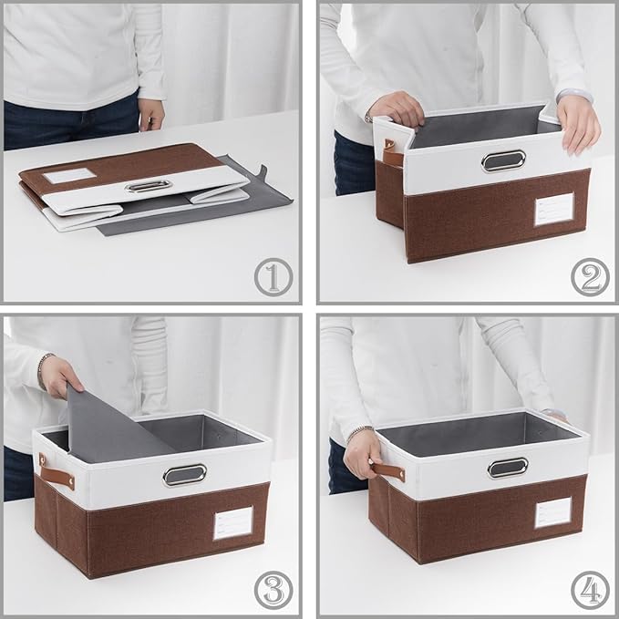 PRANDOM Foldable Storage Bins with Handles [3-Pack] Fabric Collapsible Storage Boxes Baskets Cubes Containers with Handles for Closet Living Room Bedroom (Brown & White 14.9x9.8x8.3'')