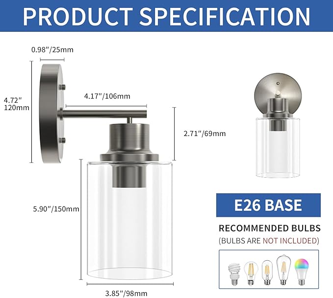 GORDNWE Set of 2 Bathroom Wall Sconce, Brushed Nickel Vanity Light, Modern Wall Light Fixture with Clear Glass Shade and E26 Bulb Base, Wall Lamp Wall Mount Light Fixtures for Mirror, Bedroom