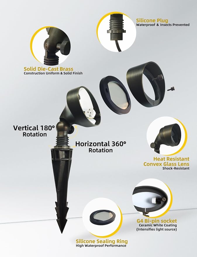 COLOER Die-cast Brass Landscape Flood Light Outdoor,9-17 Volt Low Voltage Wall Wash Lighting,Outdoor LED Floodlight Fixture for Illuminating Signs, Walls and Plant Material(501B,1-Pack Without Bulb)