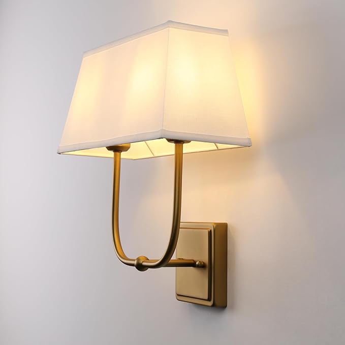 Vintage 2-Lights Wall Sconces with White Fabric Lampshade, Double Head Bathroom Vanity Lights Fixture in Antique Brass, Indoor Wall Lamps for Bedroom Living Room Hallway Stairway