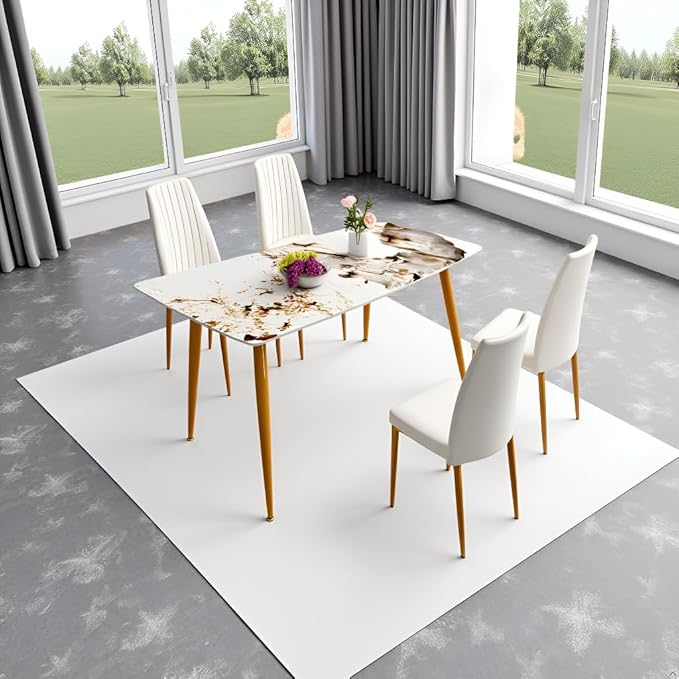 62" Marble Dining Room Table Set for 4 Rectangle Modern Dinner Table with Sintered Stone Top Golden Metal Legs Kitchen Table Chair Set for Dining Room (62" Golden+4White Chairs)