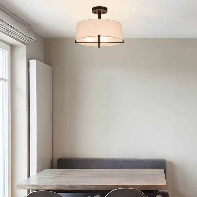 XiNBEi Lighting 3 Light Semi Flush Mount Ceiling Light Fixture, Drum Light with Fabric Shade, Modern Close to Ceiling Lamps for Bedroom, Dining Room, Kitchen, Hallway, Entry, Foyer
