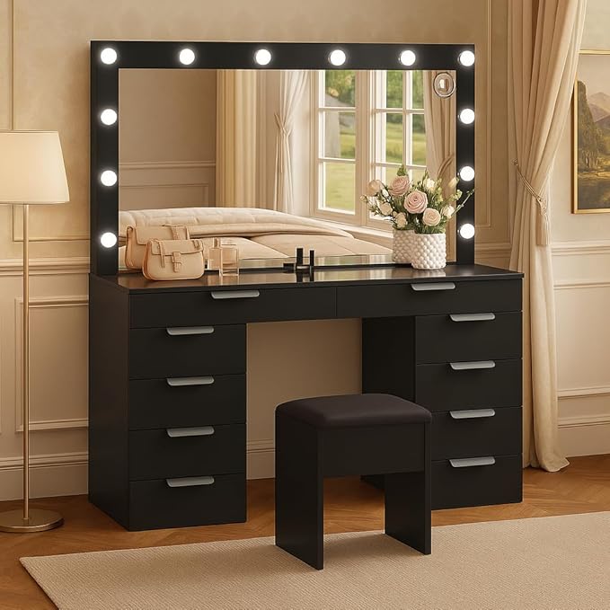 YITAHOME 46" Glass Top Vanity Desk with Mirror with Lights, Large Makeup Vanity Set with 10 Drawers & Storage Stool, Power Outlet, Dressing Table with 3 Adjustable Light Modes, Dressing Room, Black