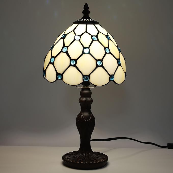Tiffany Small Table Lamp for Living Room Blue Beads Stained Glass Bedside Nightstand Table Lamps for Bedroom Set of 2,3-Color Temperatures 8X8X15 Inch Hotel Home Office Desk Lamps