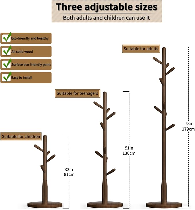 Solid Wood Round Base Coat Rack, Free Standing Hall Coat Tree with 8 Hooks（+2 spare) for Coats, Hats, Bags, Purses, for Entryway, Hallway, Rubberwood Hooks,Base and Pole(Round Base,Dark Walnut)