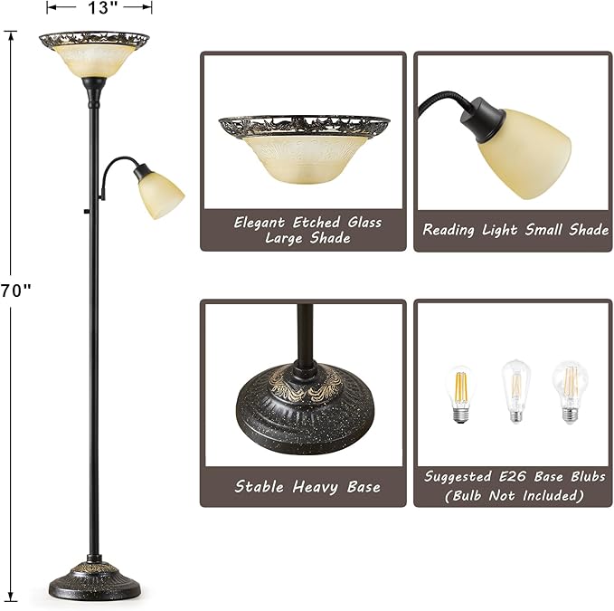 Luvkczc Torchiere Floor Lamps for Living Room, 70" Lamps for Living Room with Etched Glass Shade, Metal Pole & Heavy Base, Vintage Standing lamp Decor for Bedroom, Living Room, Office