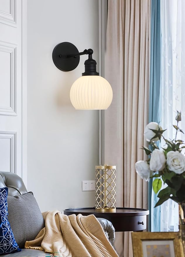 Vintage Wall Sconce 1-Light with Milk White Glass Globe Shade, Hardwired Modern Indoor Wall Mounted Lamp Fixture for Farmhouse Living Room Bedroom Bathroom