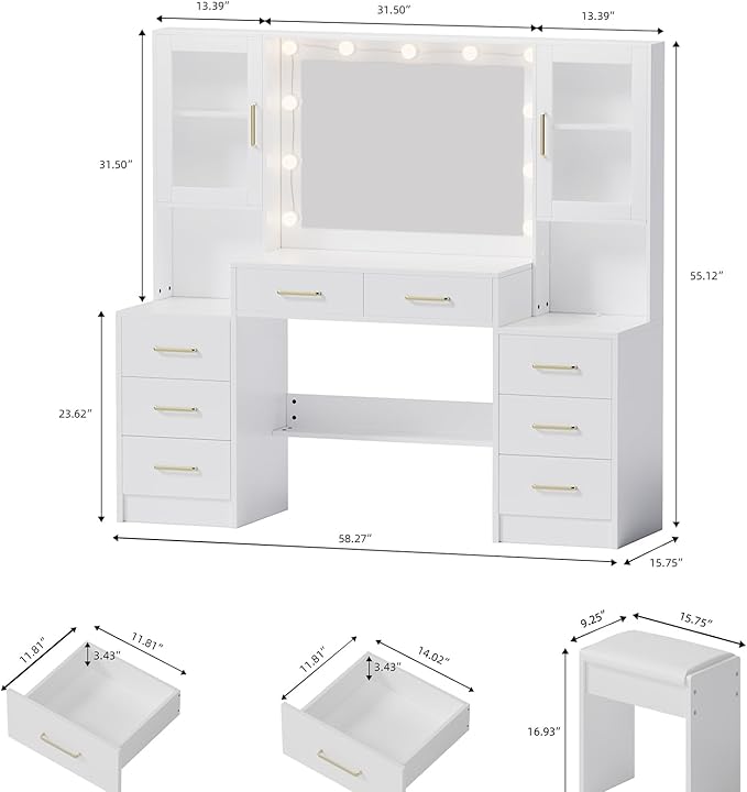 White Vanity Desk with Mirror, Lights & Charging Station, 58.3" 3 Lighting Modes Makeup Desk with 8 Drawers, 2 Cabinets and Lots Storage, Dressing Table Vanity Set with Lighted Mirror