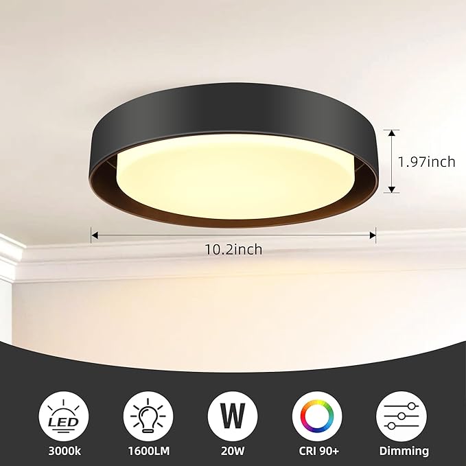 Hlite 10 inch Ceiling Light Fixture,Modern LED Flush Mount Ceiling Light,3000K/Warm White/20W,Dimmable 1600LM Rustic Indoor Room Decorative Ceiling Lights for Bedroom Kitchen, Black(2 Pack)
