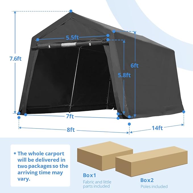 ADVANCE OUTDOOR 8x14 ft Steel Metal Peak Roof Portable Garage Shelter Storage Shed Carport for Motorcycle, Bike or Garden Tools with 2 Roll up Doors & Vents, Gray