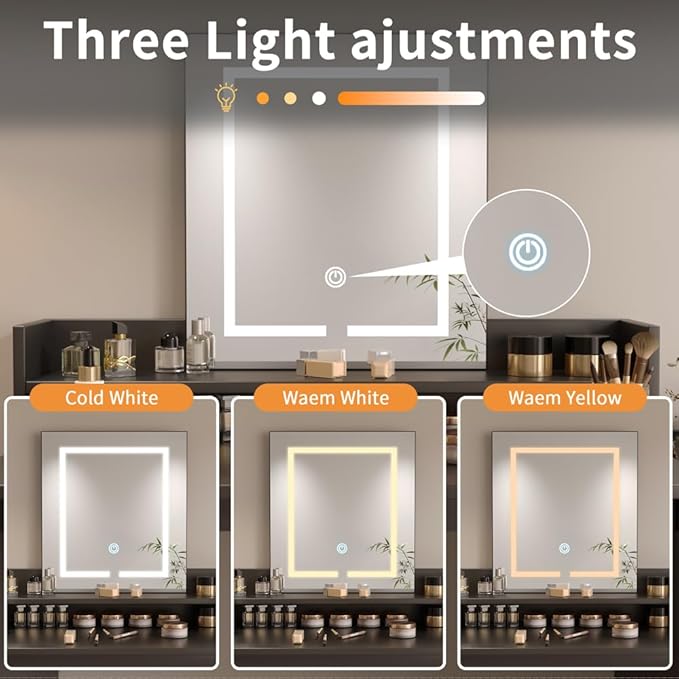 Vanity Desk with Mirror and Lights, Makeup Vanity Desk with Lights 3 Colors, Vanity Table with 2-Tier Shelves, Modern Black Dressing Table for Bedroom