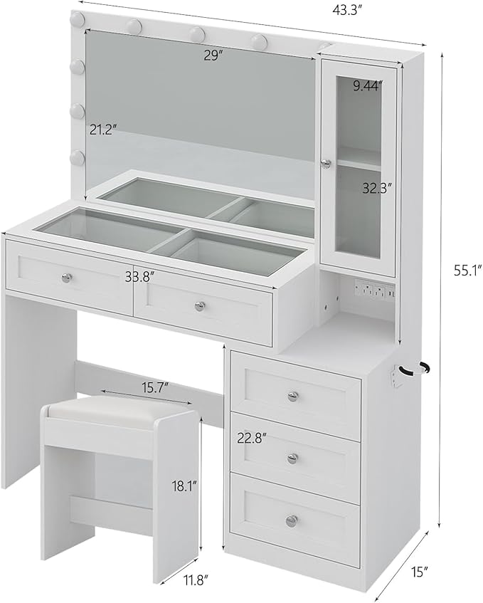 White 43" W Vanity Desk with Mirror & 11 Lights, 3 Drawer & 2 RGB Drawer Modern Makeup Desk with Glass top & Cushioned Stool, 3 Lighting Modes Brightness Adjustable,Power Outlet,Bedroom
