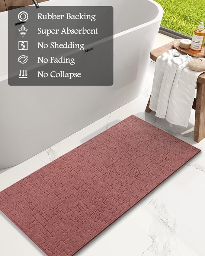 AMOAMI-Bath Mat-Absorbent Quick Dry Bathroom Floor Mats-Washable Rubber Backing Bath Mats for Bathroom Rugs Fit Under Door-Bath Rug for in Front of Sink Bathtub Shower Room, Rose 24''x48''