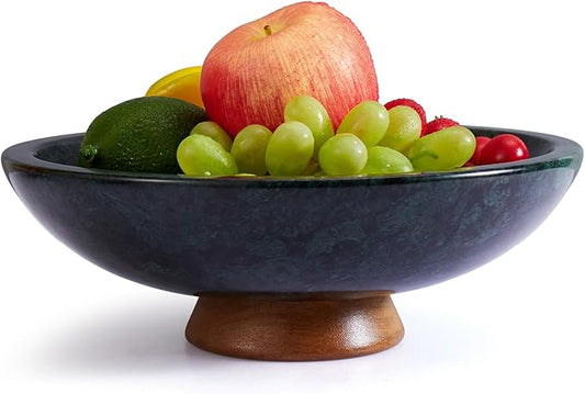 Green Marble Fruit Bowl with Acacia Wood Pedestal, Large Decorative Footed Bowl, Natural Stone Centerpiece for Kitchen Counter, Entryway, Keys, Dining Table, House Warming Gifts New Home(11Inch)