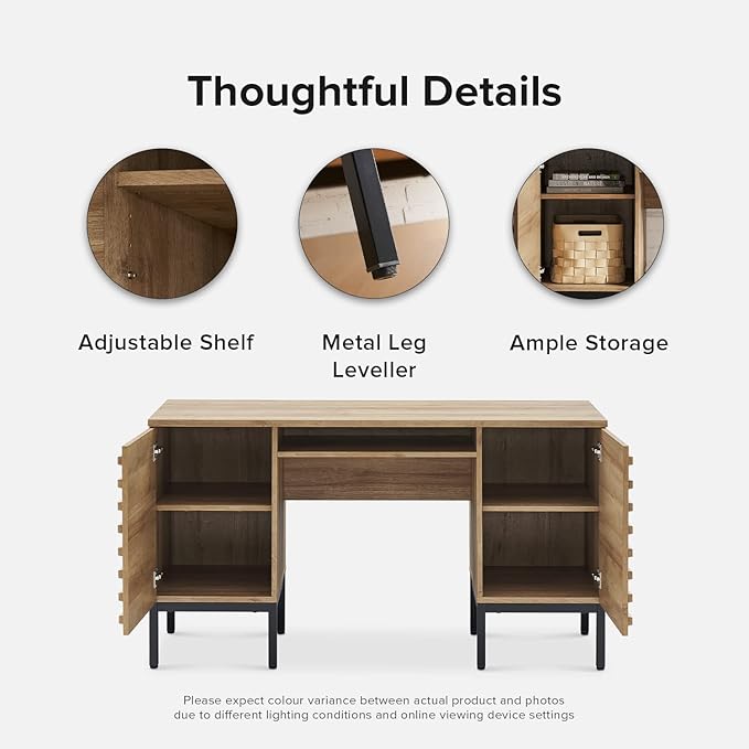 mopio Norwin Executive Desk, Modern Industrial Farmhouse Desks for Home Office, with Sturdy Metal Legs, Fluted Panel Dual Cabinet