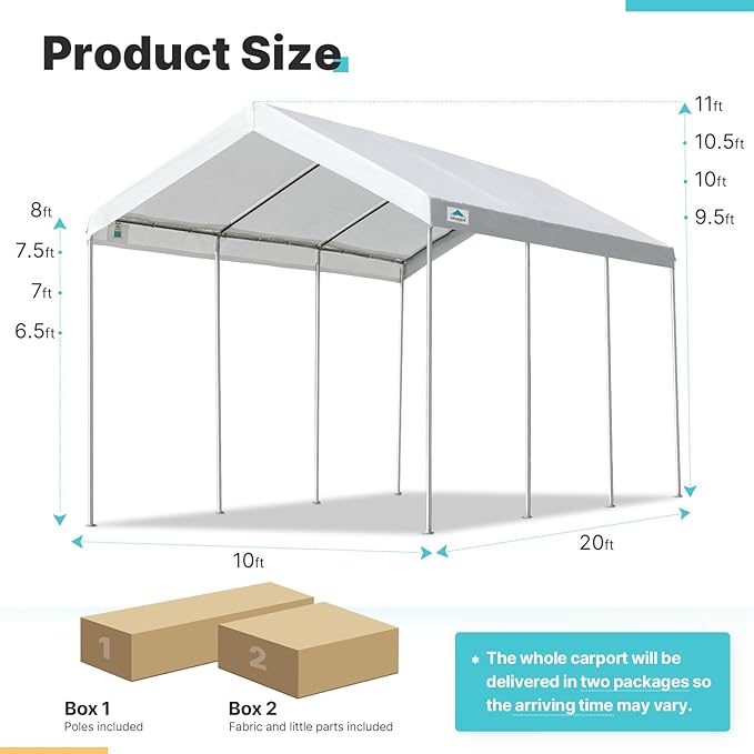 ADVANCE OUTDOOR 10x20 ft Heavy Duty Carport Potable Car Canopy Garage Party Tent Boat Shelter, Adjustable Height from 9.5 ft to 11 ft, White
