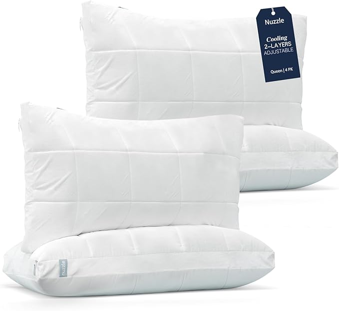 Nuzzle Cooling Adjustable Pillows for Side Sleepers, Luxury Queen Size Set of 4 Bed Pillows Hotel Collection - Best Adjust Height Soft Firm Pillows for Back, Stomach and Side Sleepers