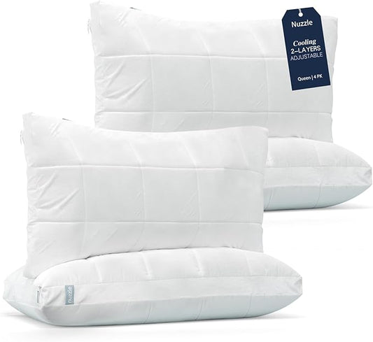 Nuzzle Cooling Adjustable Pillows for Side Sleepers, Luxury Queen Size Set of 4 Bed Pillows Hotel Collection - Best Adjust Height Soft Firm Pillows for Back, Stomach and Side Sleepers