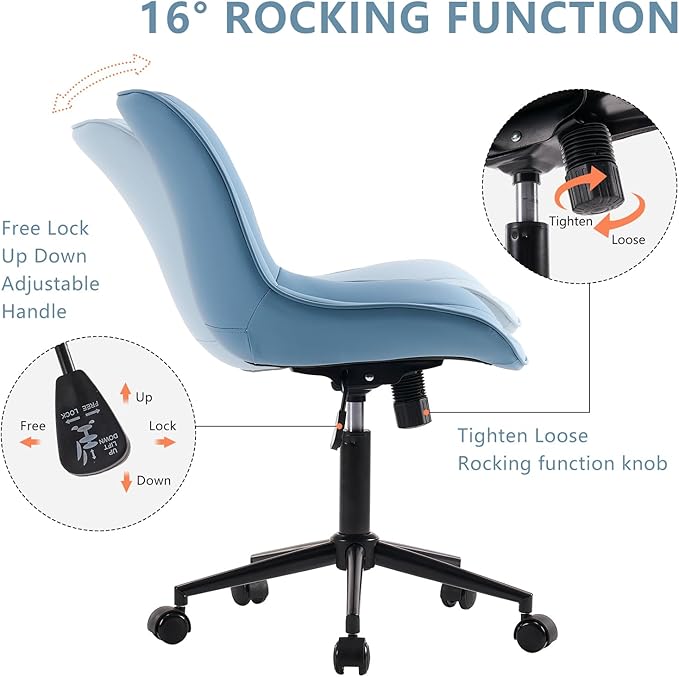 YOUNIKE Blue Ergonomic Home Office Desk Chair No Arms Comfy Small Criss Cross Chair with Wheels Swivel Adjustable Modern Vanity Chair with Back Armless Cute Leather Upholstered Rolling Task Chair