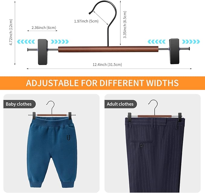 Wooden Pants Hangers with Clips 20 Pack Adjustable Wood Skirt Hangers for Women Space Saving Clothes Hanger Jeans Trousers Hanger for Closet Non Slip,Brown