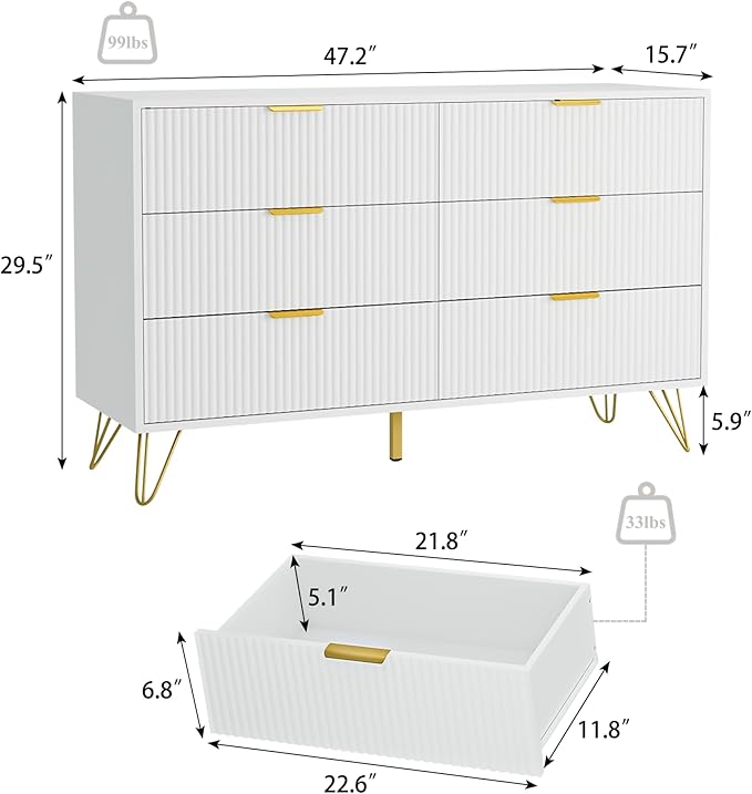 White 6 Drawer Dresser with Golden Handle, Fluted Wood Dressers, Modern Chest for Bedroom, Living Room, Hallway, Entryway