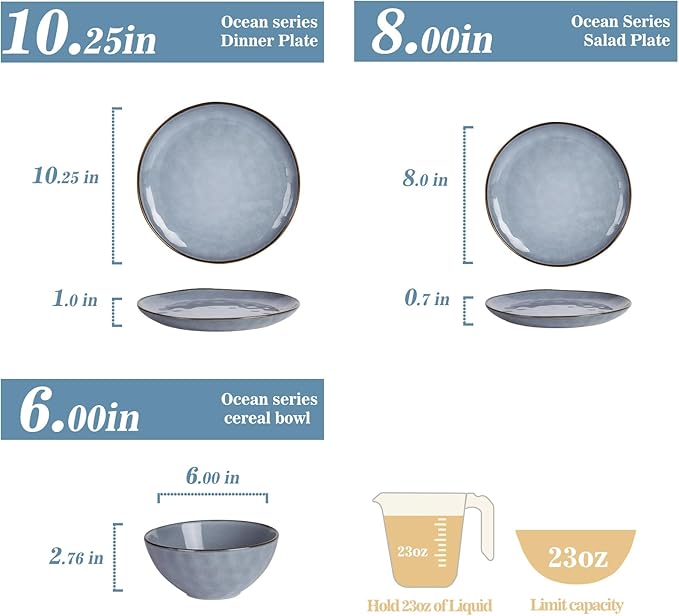 Famiware Dinnerware Sets for 4, Ocean Round 12-Piece Kitchen Plates and Bowls Sets, Reactive Glaze, Microwave and Dishwasher Safe, Scratch Resistant, Blue