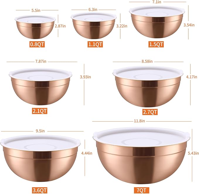 Rose Gold Mixing Bowls with Lids Set of 7, Stainless Steel Nesting Bowl with Khaki Lid for Non-slip Mixing Prepping Storing Serving, 7 Sizes-7/3.6/2.7/2.1/1.5/1/0.8 QT