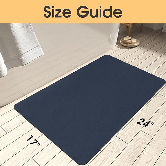 Ultra Thin Non-Slip Bath Mat Fit Under Door, Upgrade Backing Non Slip Bath Mat, Quick Dry Ultra Absorbent Bathroom Rugs, Machine Washable Bath Mats for Bathroom, Bathtub & Kitchen, Dark Blue, 24"x17"