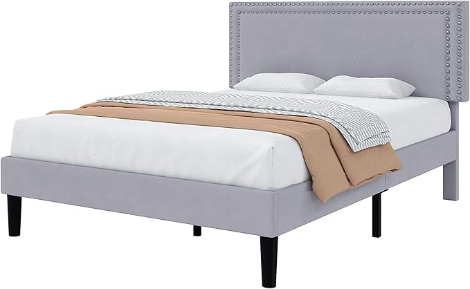 VECELO Queen Size Bed Frame with Height Adjustable Upholstered Headboard, Wooden Slats Platform, Noise-Free Design, Easy Assembly