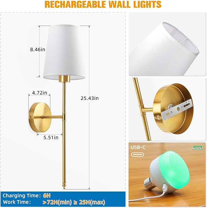 NIORSUN 25.4 inch Battery Operated Wall Sconce Set of 2,Gold Rechargeable Wall Lights with 5200mAh Dimmable Detachable Bulbs and Remote,9 Colors Wireless Sconces for Bedroom Living Room Hallway