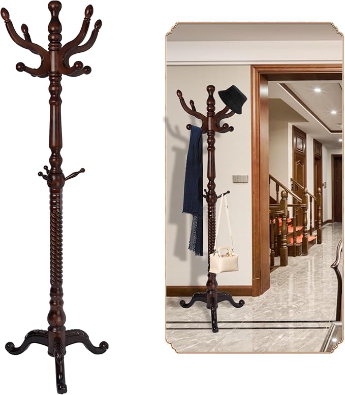 Coat Rack Freestanding, Wooden Tree Coat Rack Stand with 2 Adjustable Sizes Coat Tree and 11 Hooks, Sturdy Hall Tree with Tri-Legged Base for Entryway, Hallway, Bedroom (Walnut-Tri-Legged Base)