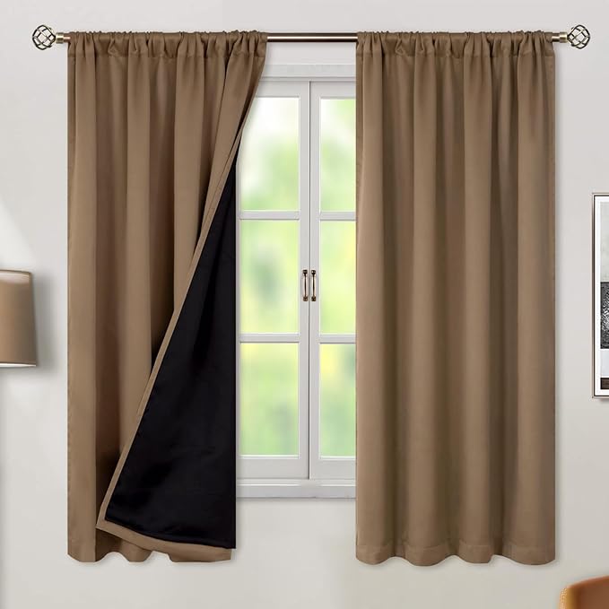 BGment 100% Room Darkening Thermal Insulated Blackout Curtains 63 Inches Long with Liner, Rod Pocket and Back Tab Double Layer Noise Cancelling Curtains for Bedroom (42 x 63 Inch, 2 Panels, Taupe)
