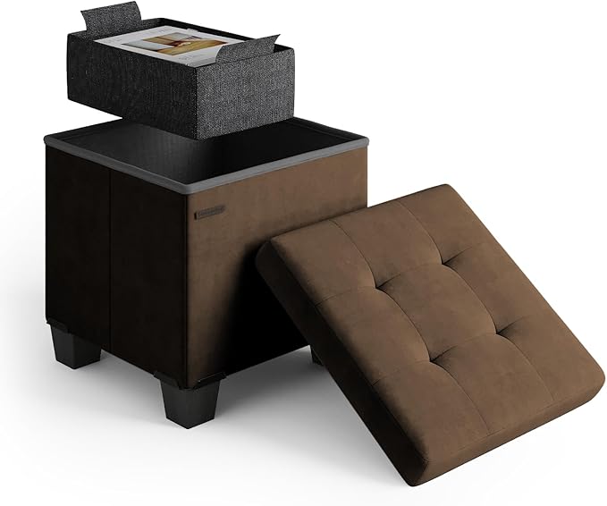 STORAGEBUD Storage Ottoman Cube with Small Bin, 15-in Square Ottoman with Storage for Living Room and Bedroom, Small Ottomans Foot Rest, Velvet Foot Stools Ottomans Max 330lbs, Brown